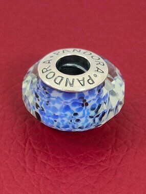 Pandora Blue Deep Ocean Sea Faceted Murano Glass Charm Bead with box